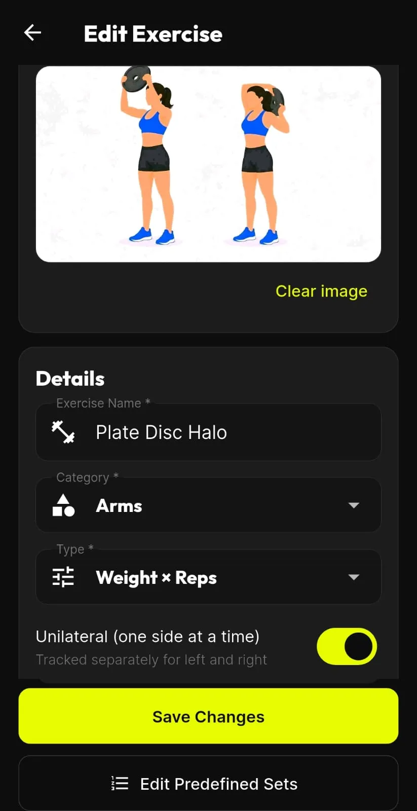 BTR edit-exercise screen for Plate Disc Halo, showing its image, category and type, and a toggle to track the exercise unilaterally, left and right separately.