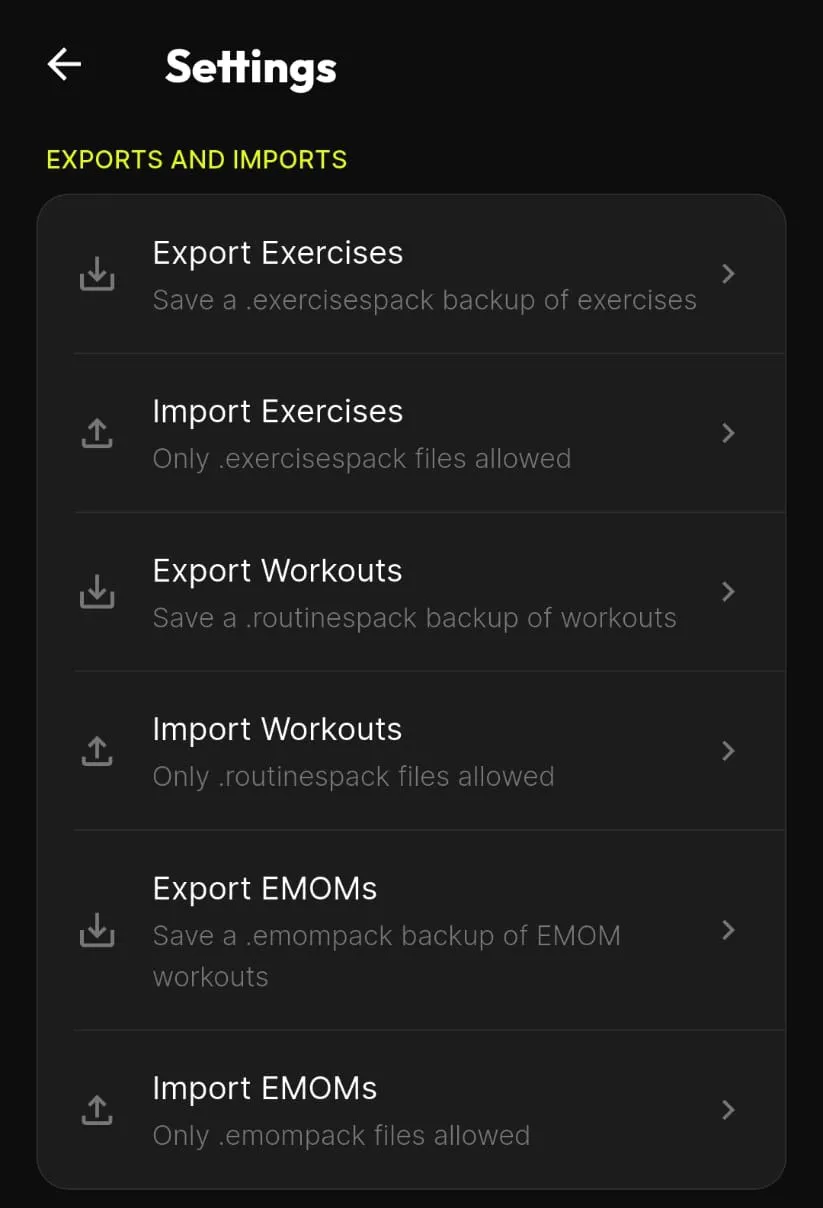 BTR settings screen headed “Exports and imports”, with export and import rows for Exercises (.exercisespack), Workouts (.routinespack) and EMOMs (.emompack).