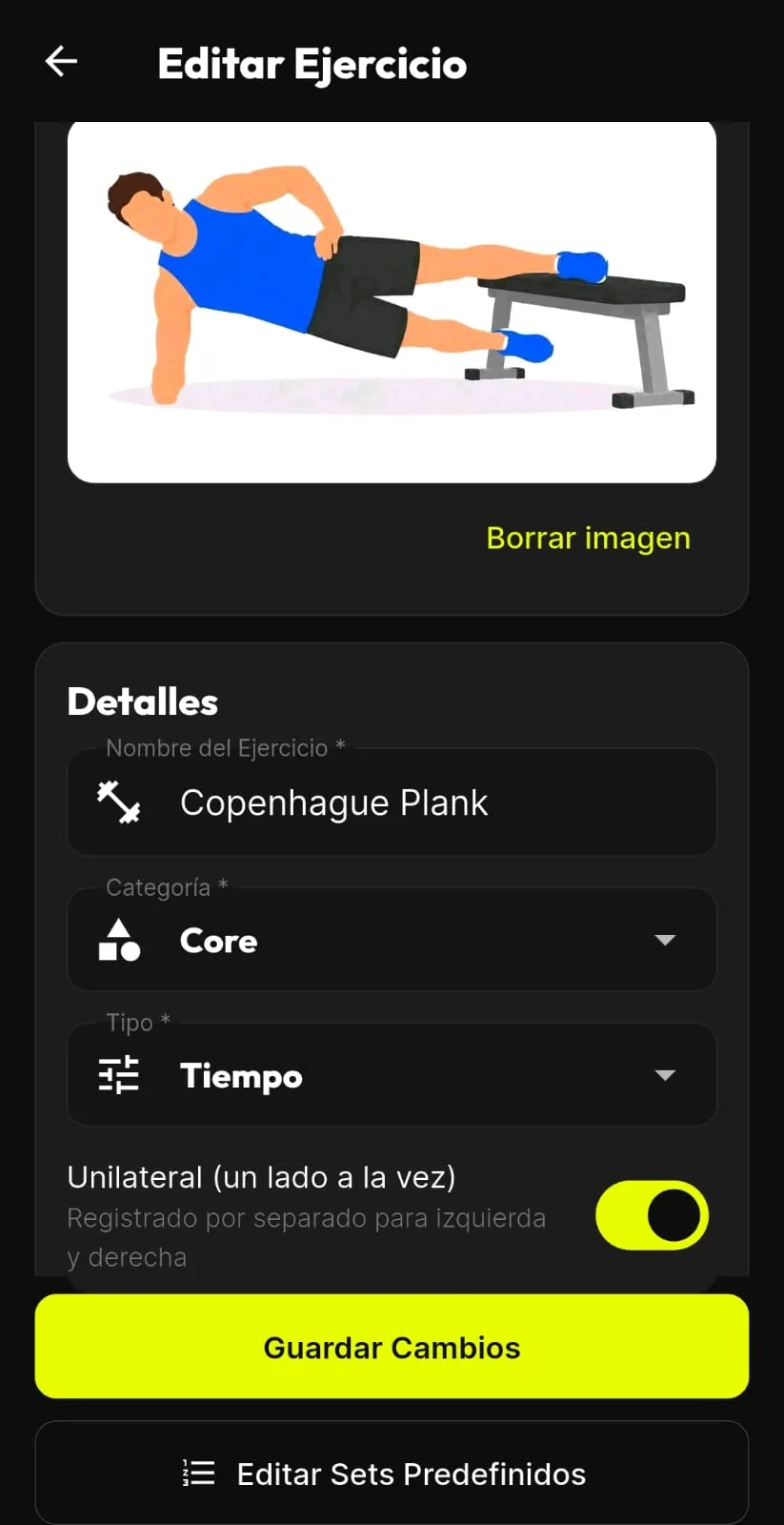 Pantalla de editar ejercicio de BTR para Plate Disc Halo, con su imagen, categoría y tipo, y un interruptor para registrar el ejercicio de forma unilateral, izquierda y derecha por separado.