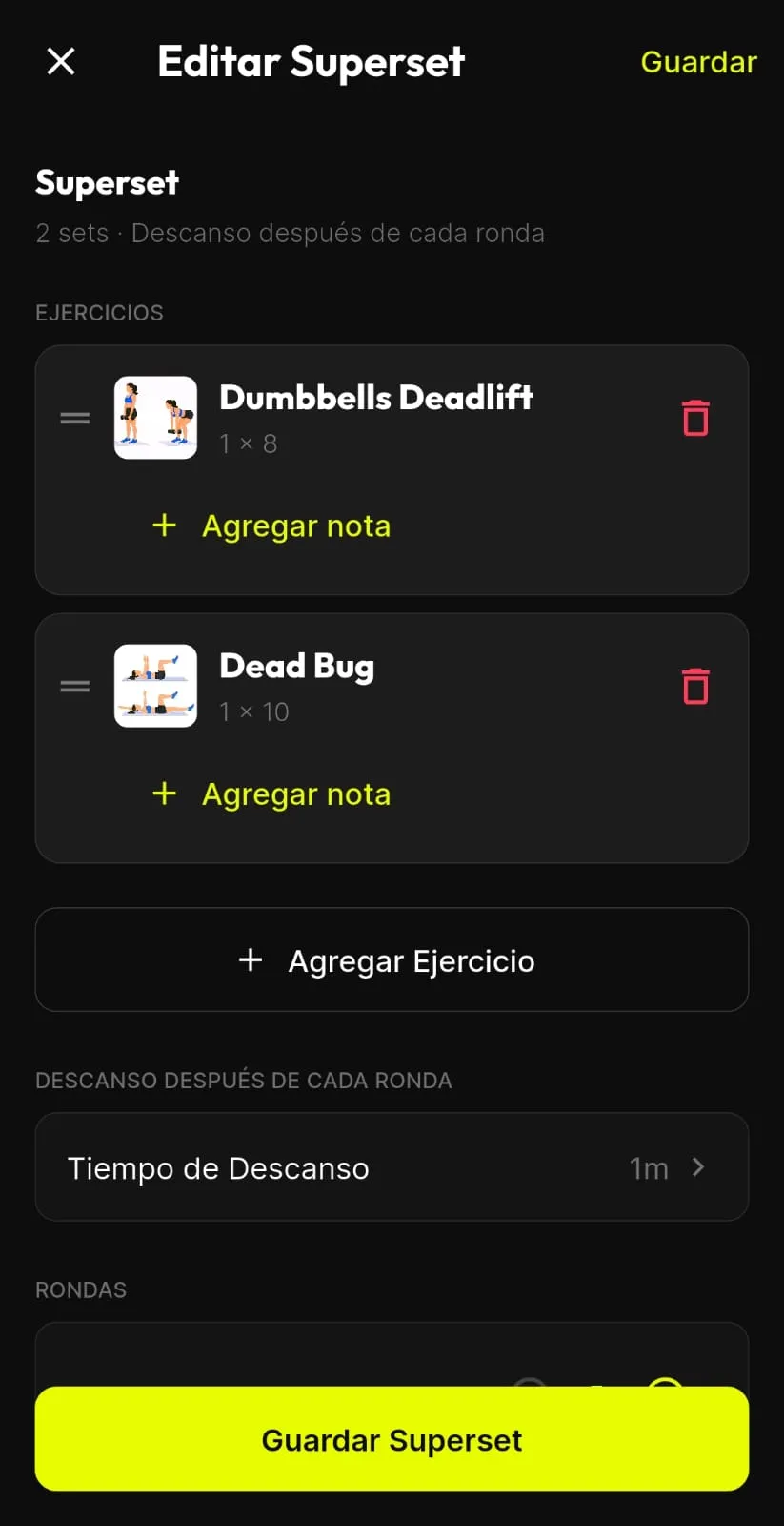Editor de super sets de BTR con dos ejercicios agrupados en un super set, con descanso después de cada ronda y el número de rondas.