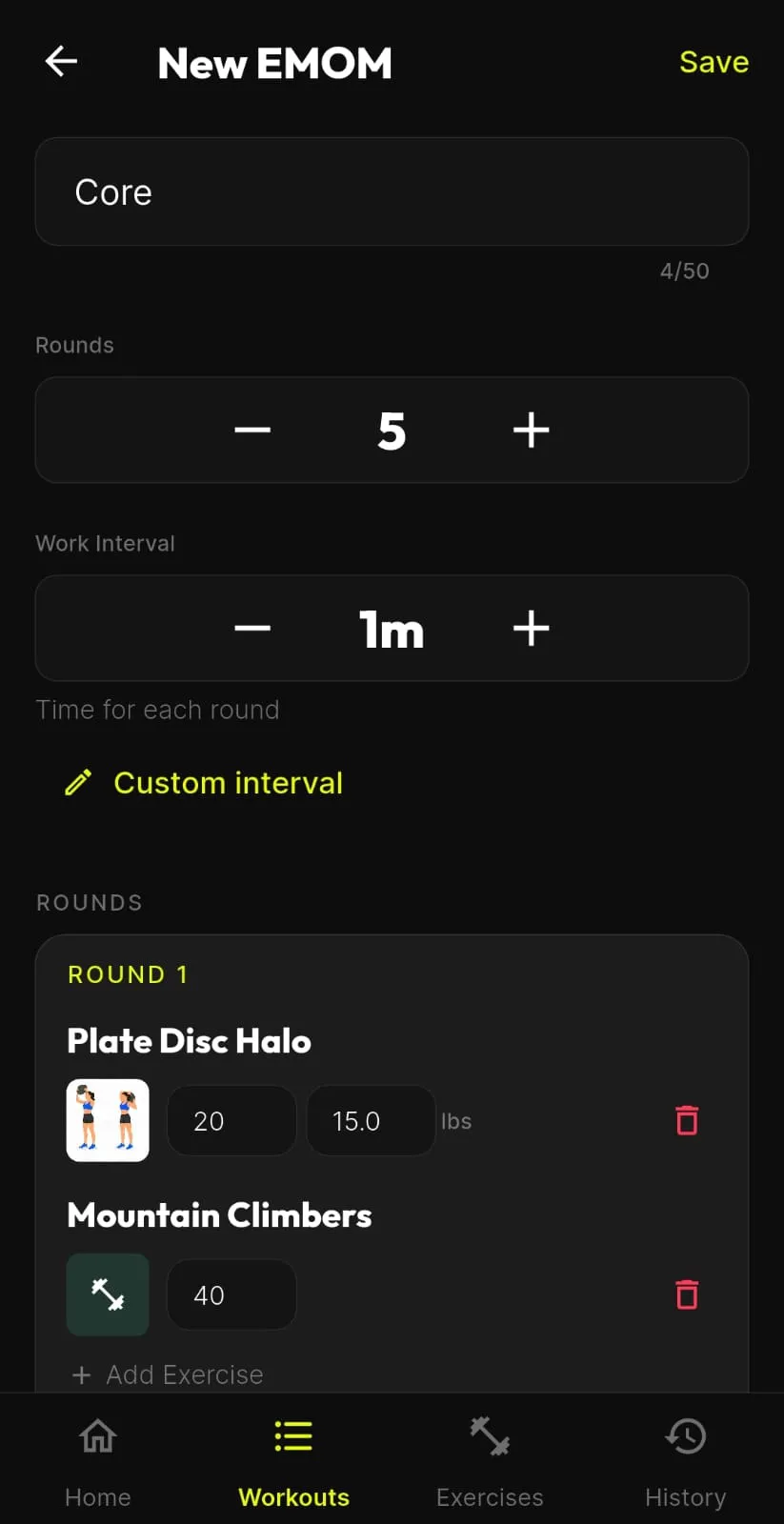 BTR EMOM builder showing the number of rounds, a work interval, a custom interval and the exercises assigned to each round.