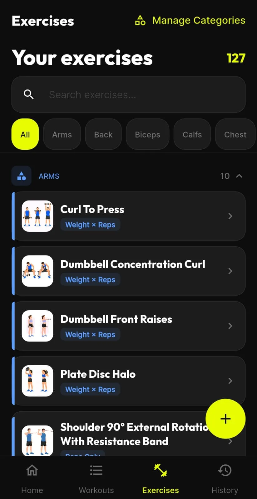BTR exercise list headed “Your exercises · 127”, with exercises grouped by category and a search field above them.