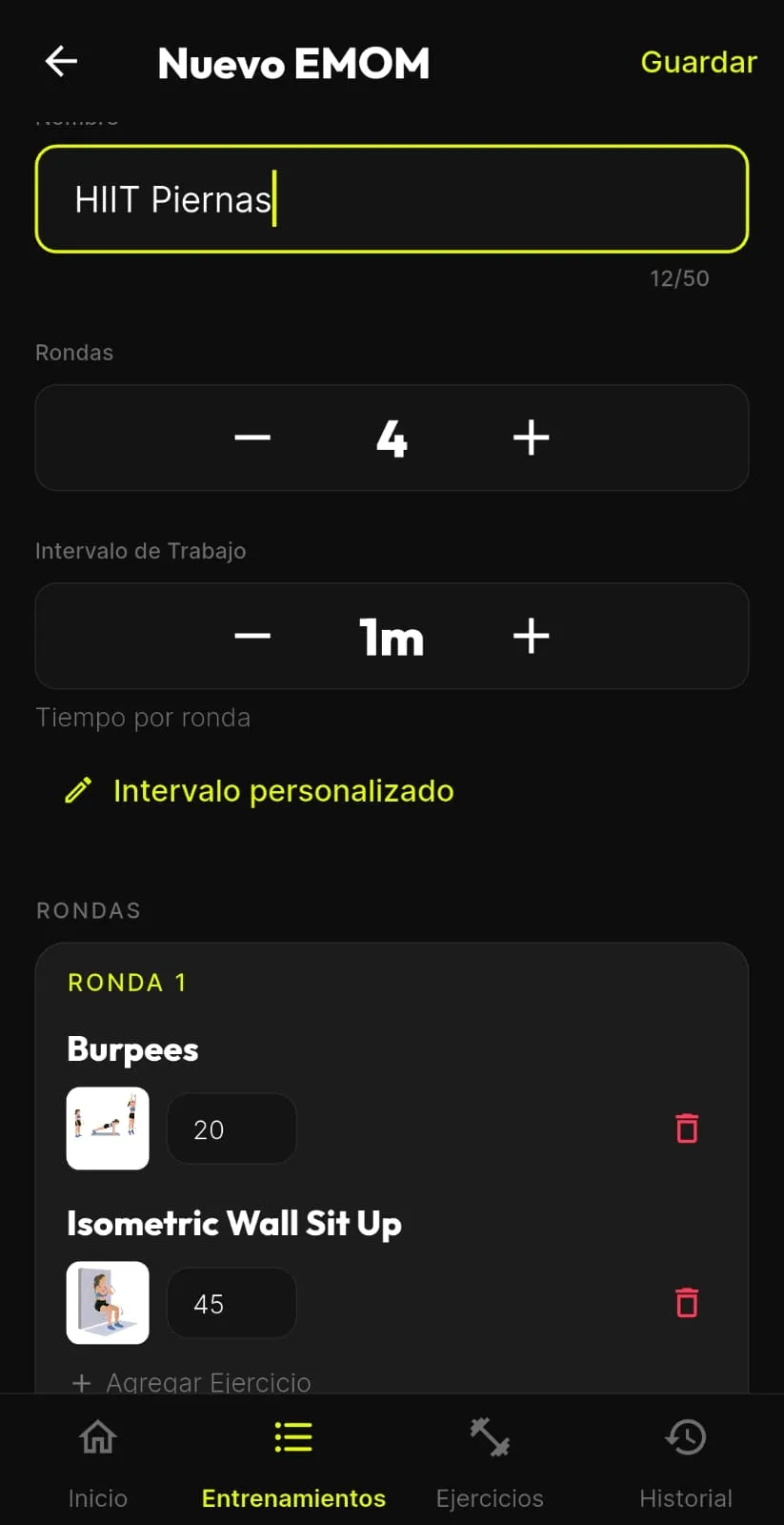 Constructor de EMOM de BTR con el número de rondas, el intervalo de trabajo, un intervalo personalizado y los ejercicios de cada ronda.