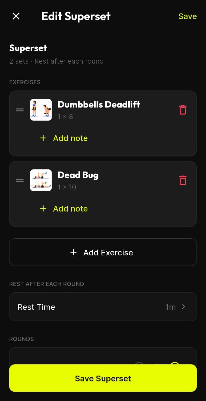 BTR superset editor showing two exercises grouped into one superset, with rest after each round and the number of rounds set.