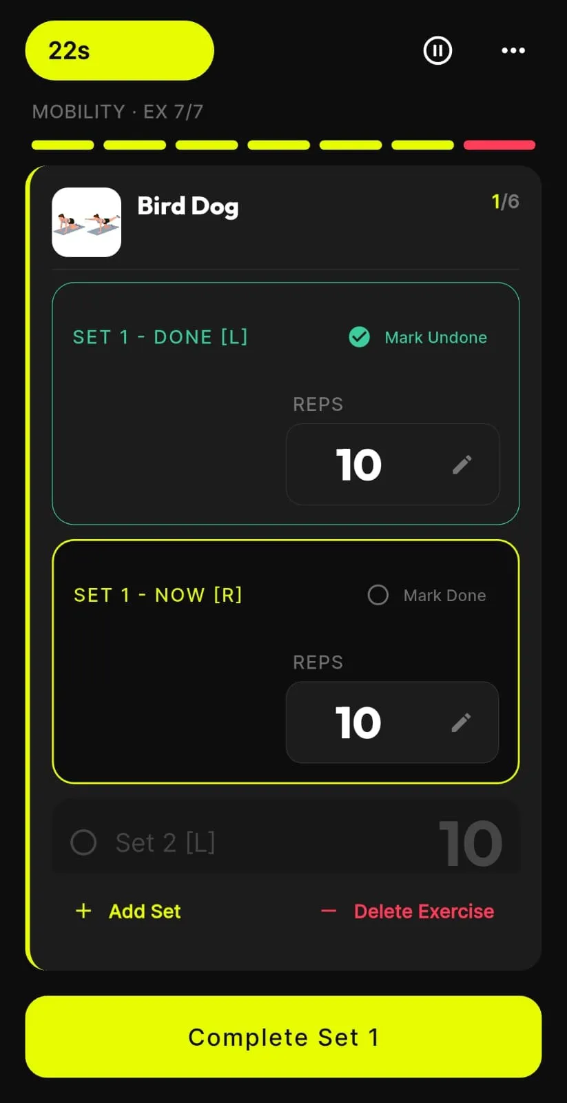 BTR mid-workout: a 22-second rest timer counting down, exercise 7 of 7, and Bird Dog with set 1 left marked done above set 1 right in progress, each holding its own rep count.