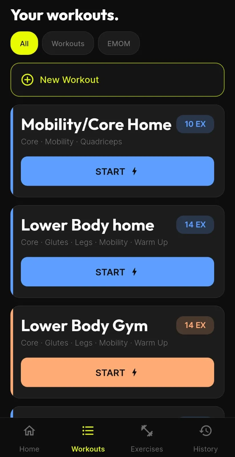 BTR workouts list showing saved routines, each with its own colour accent and its exercise count.